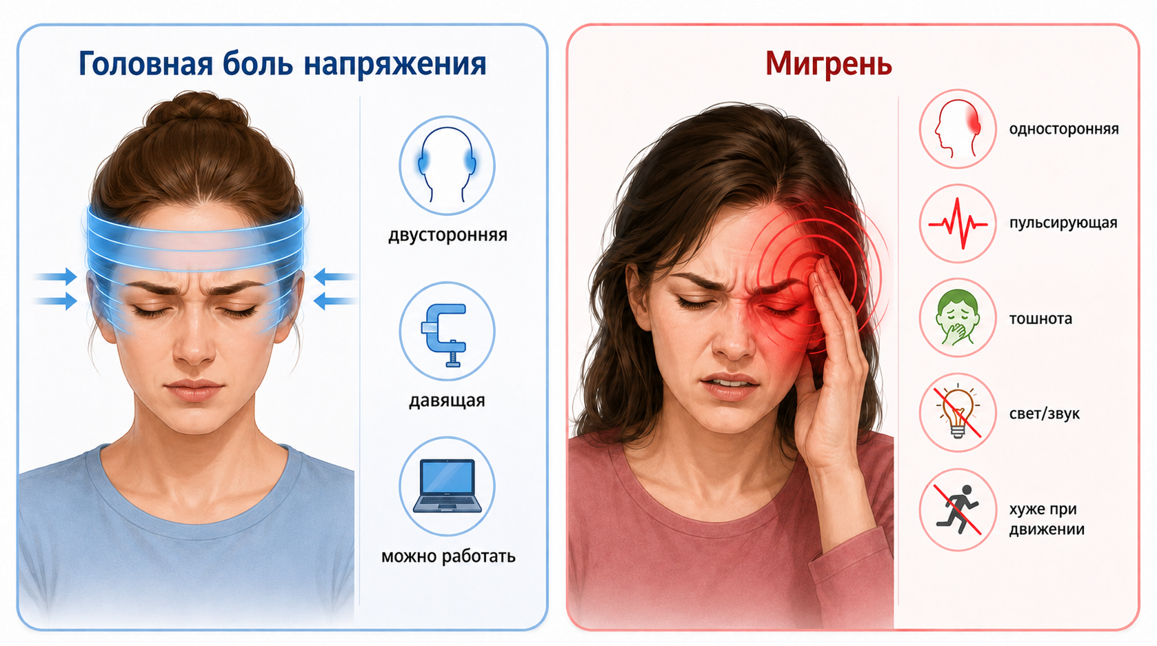 Сравнение симптомов мигрени и тензионной головной боли (ГБН) для выбора правильного лечения в центре Справно