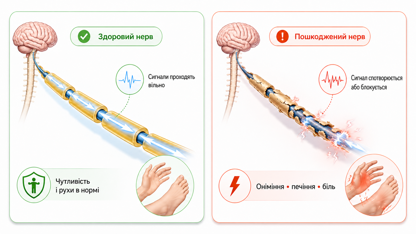 Порівняння роботи здорового нервового волокна та пошкодженого нерва в кінцівках людини
