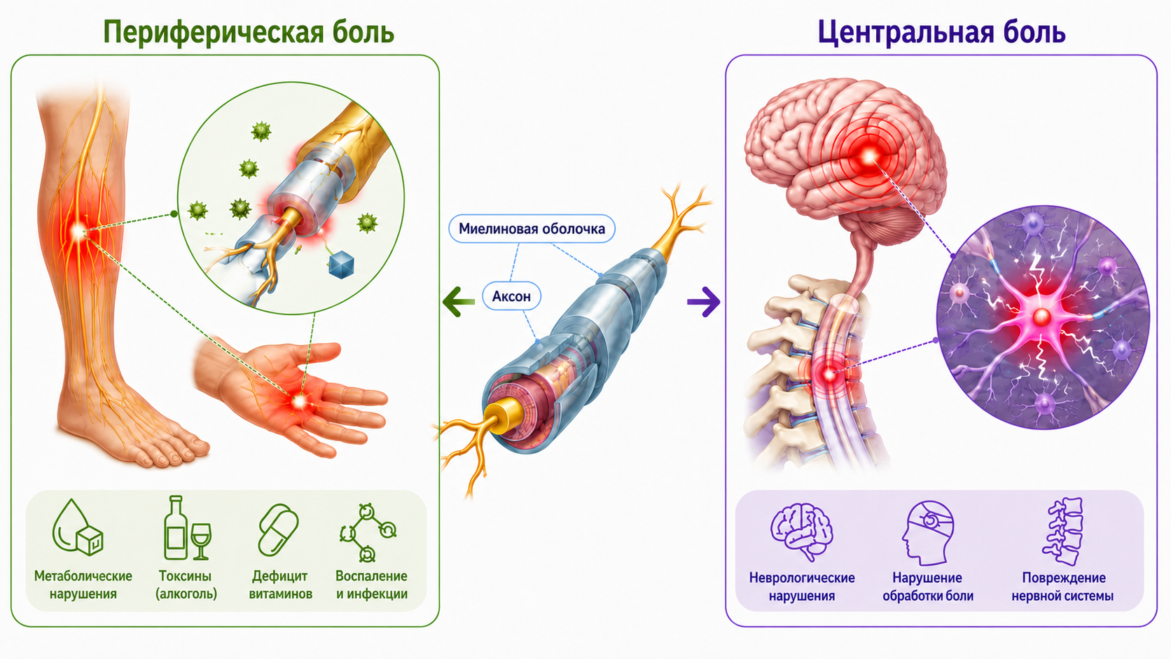 Схема различий механизмов периферической и центральной боли 