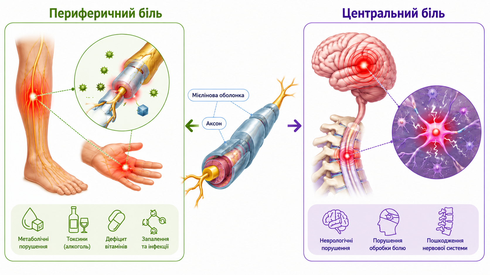 Схема відмінностей механізмів периферичного та центрального болю