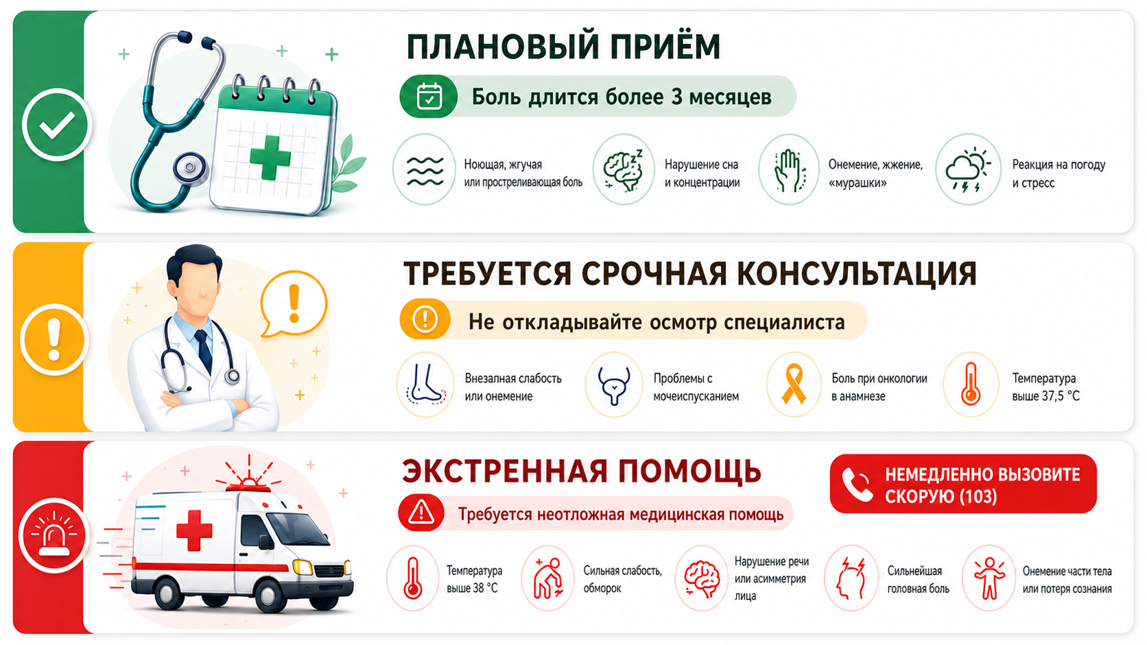 Медицинская консультация и экстренная помощь при болях в спине: инфографика симптомов