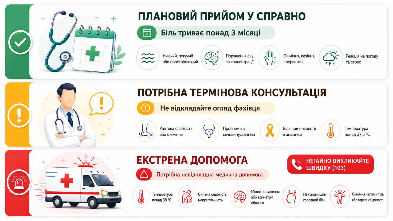 Медична консультація та екстрена допомога при болях у спині: інфографіка симптомів